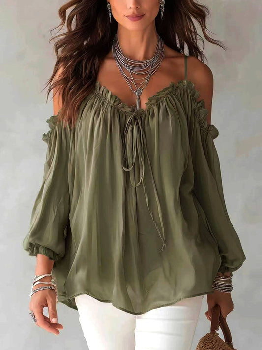 Blusa boho de gasa con volantes y hombros descubiertos