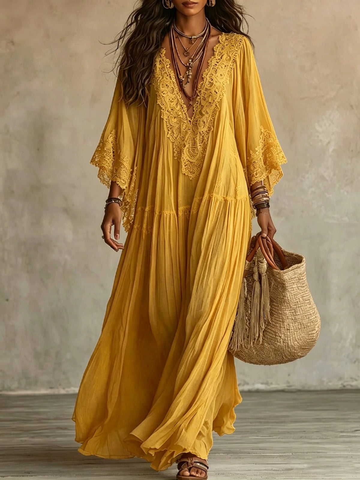 Vestido maxi romántico de encaje y gasa con patchwork