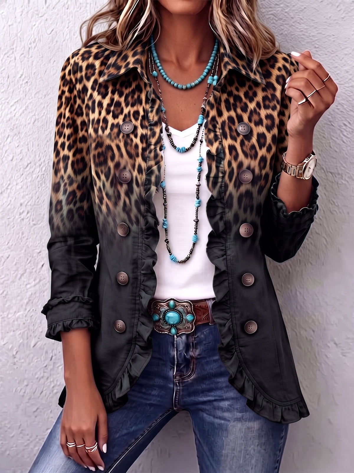 Blazer boho de leopardo y turquesa con volantes