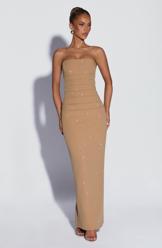 Isabella™ - Vestido de Gala en Crêpe Oro Luminoso