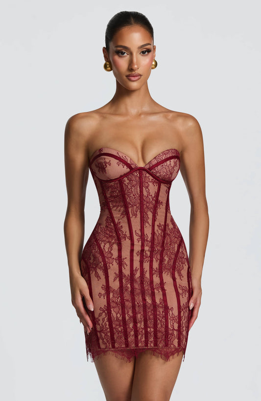 Sian™ - Vestido Mini en Encaje Floral Burgundy