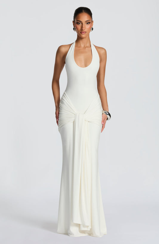 Carlota™ - Vestido de Gala Marfil en Jersey de Lujo